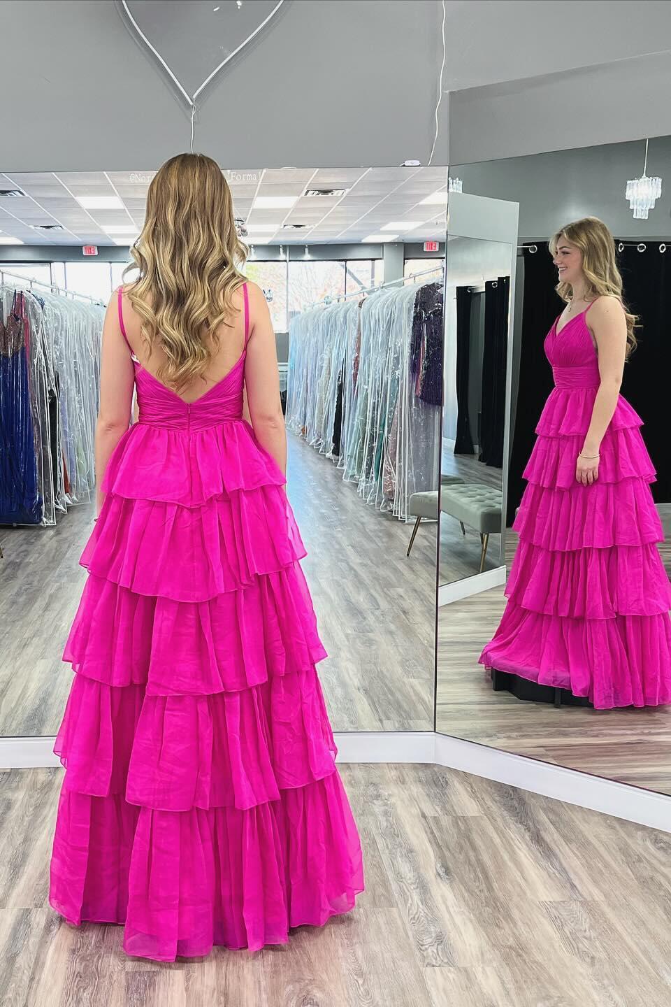 Formal Wear Dresses Fuchsia Pleated A-line Ruffles Long Party Dress Prom Dress Stores With Prom Dresses